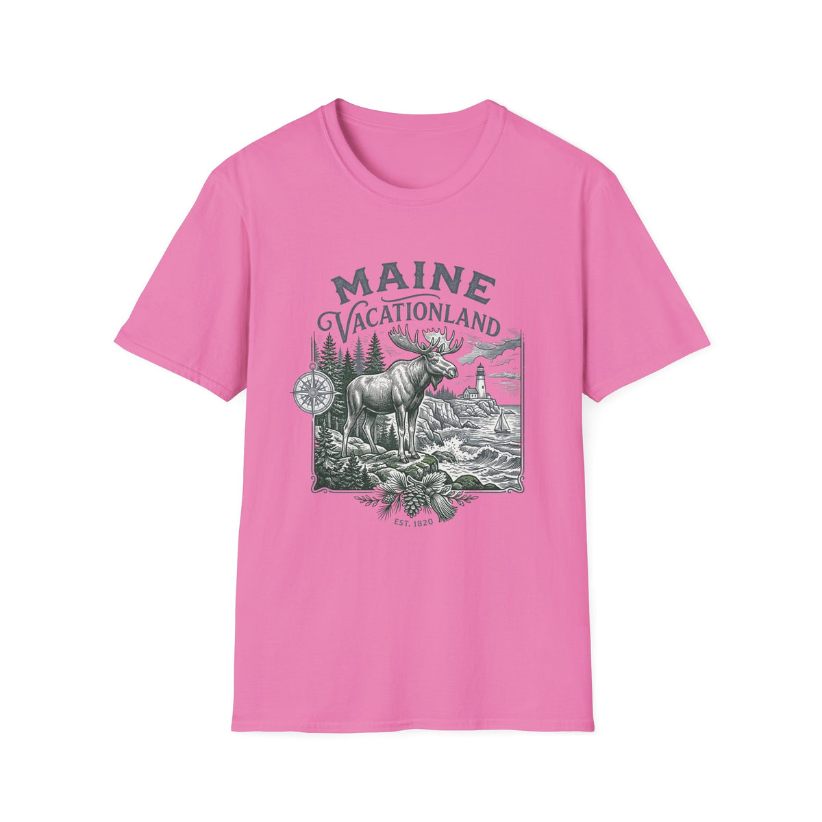 Maine Vacationland T-Shirt – Vintage Moose, Lighthouse State Travel Travel Tourist Graphic Design Unisex 100 Cotton Gildan T-Shirt