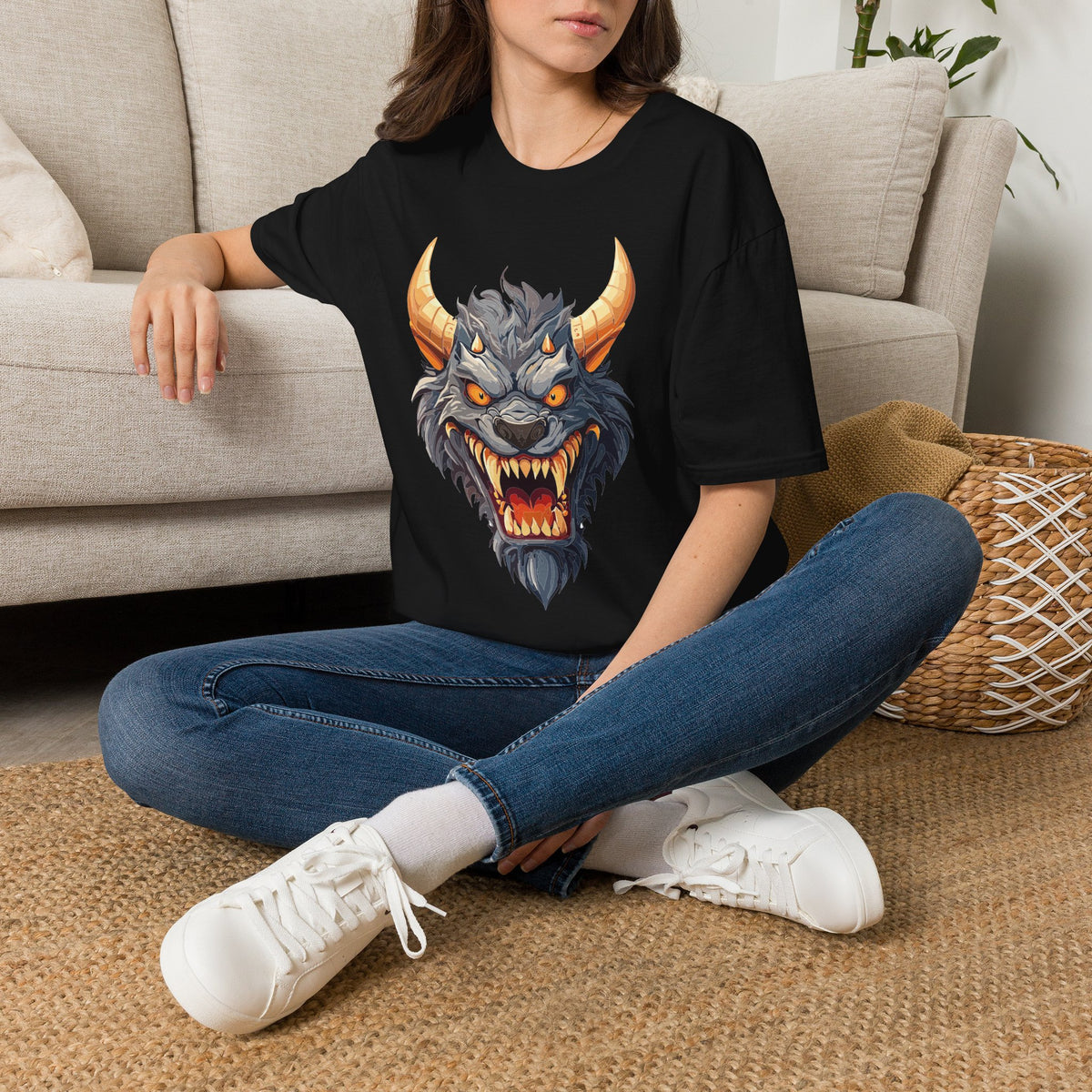 Demonic Beast Head T-Shirt — Horned Monster Cartoon Graphic Tee Unisex 100 Cotton Gildan T-Shirt