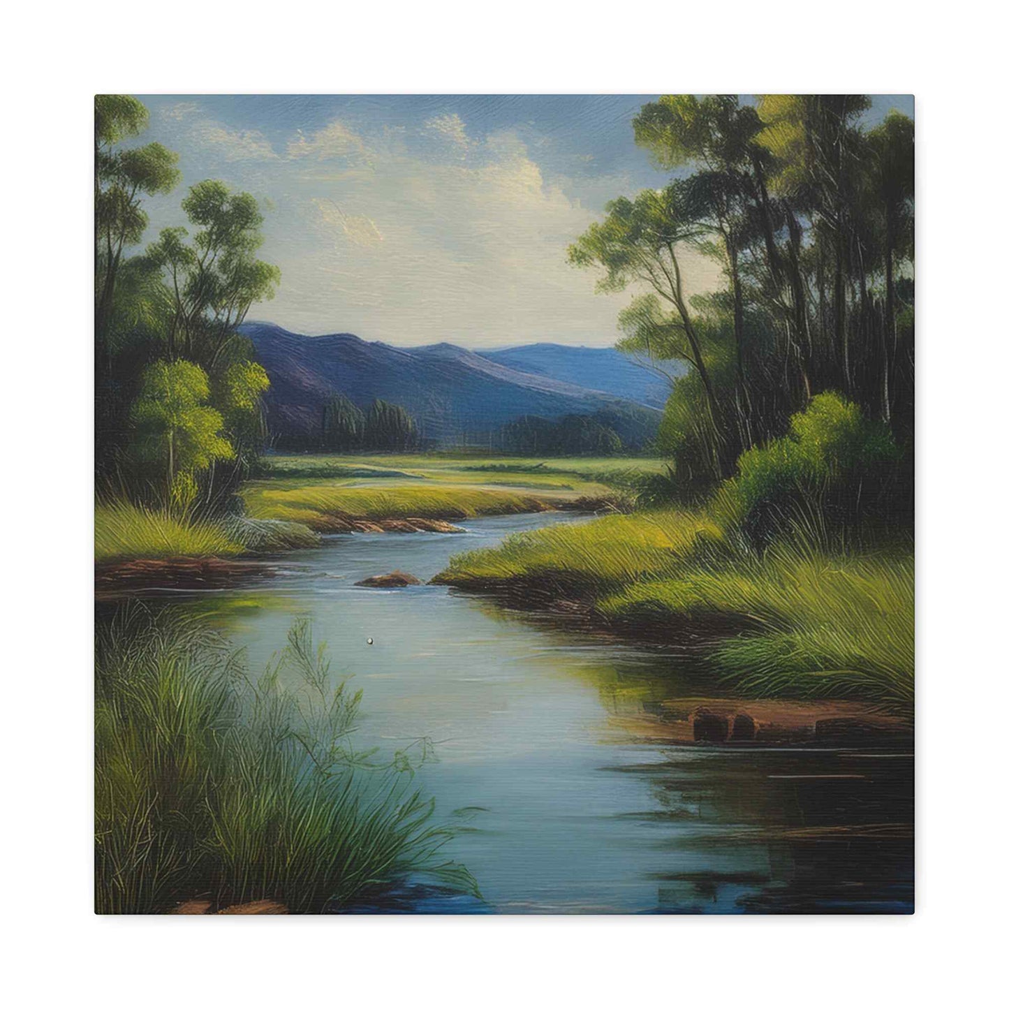 River Print Canvas, Landscape Oil Paint Print 20x20, 24x24, 30x30, 32x32, 36x36 Art Design Print Pine-Wood Inner Frame MC-54