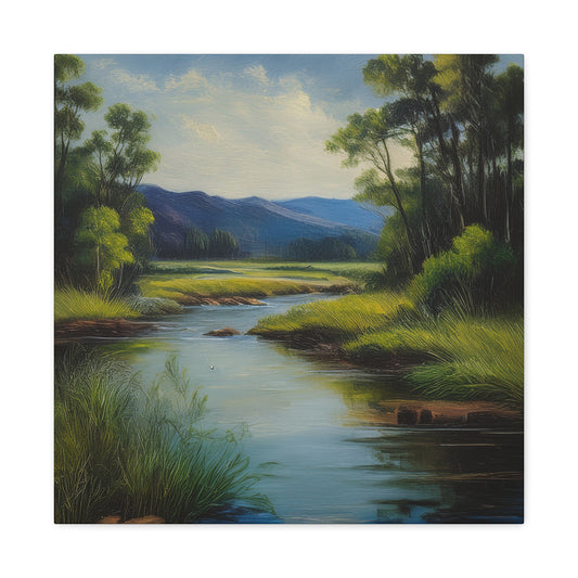 River Print Canvas, Landscape Oil Paint Print 20x20, 24x24, 30x30, 32x32, 36x36 Art Design Print Pine-Wood Inner Frame MC-54