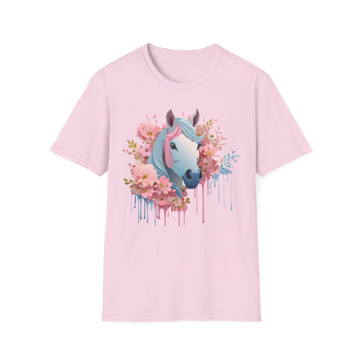 Pastel Floral Unicorn T-Shirt | Horse Portrait, Pink Blue Mane