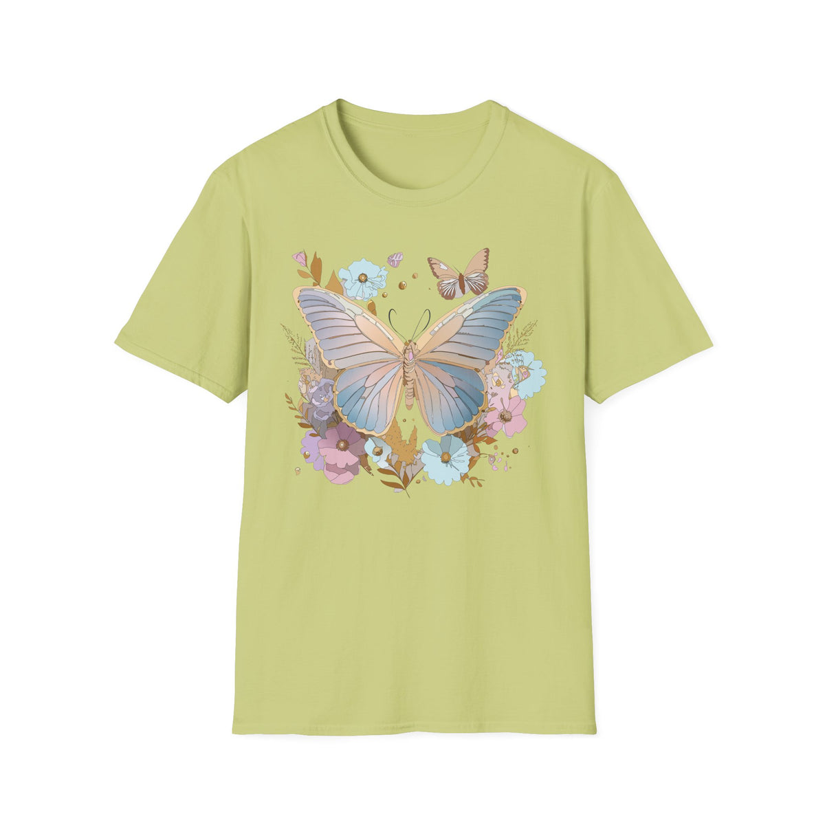 Butterfly Bloom T-Shirt — Pastel Floral Butterfly Graphic Design Unisex 100 Cotton Gildan T-Shirt