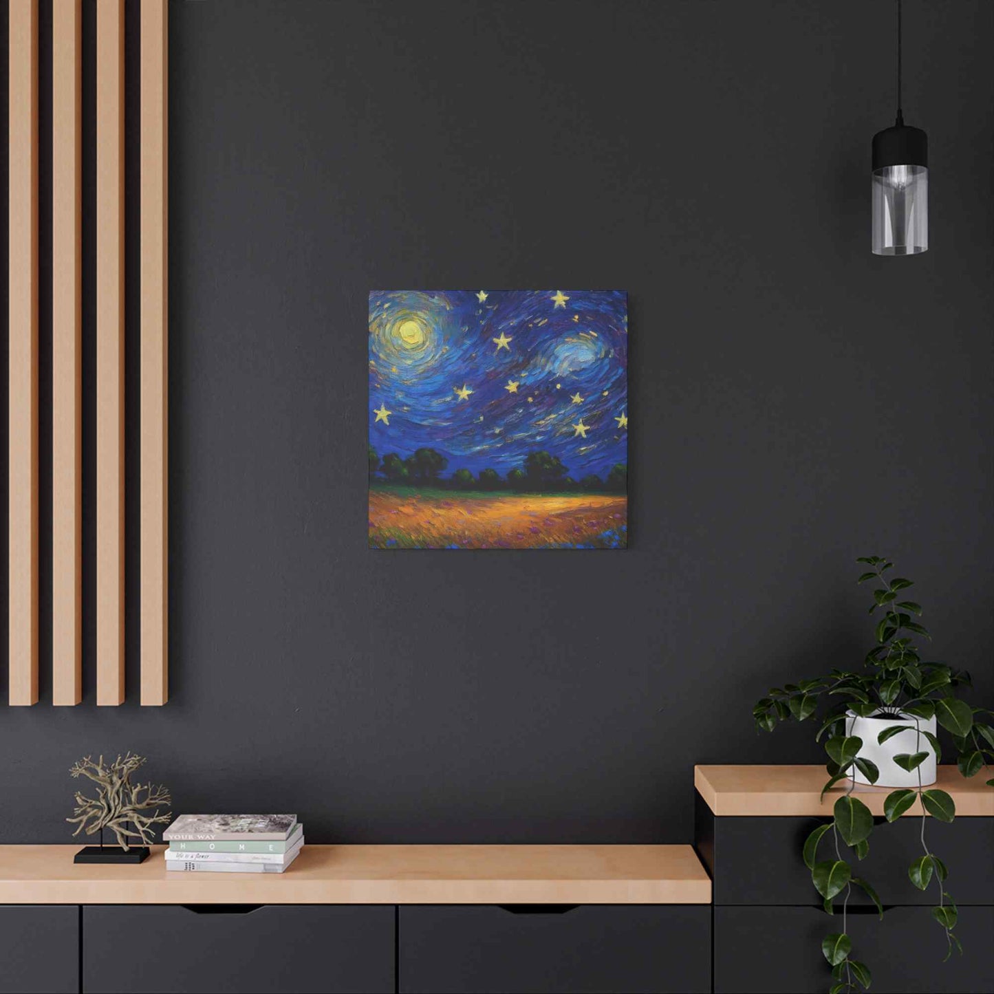 Starry Night Print Canvas, Oil Paint Print 20x20, 24x24, 30x30, 32x32, 36x36 Art Design Print Pine-Wood Inner Frame MC-39
