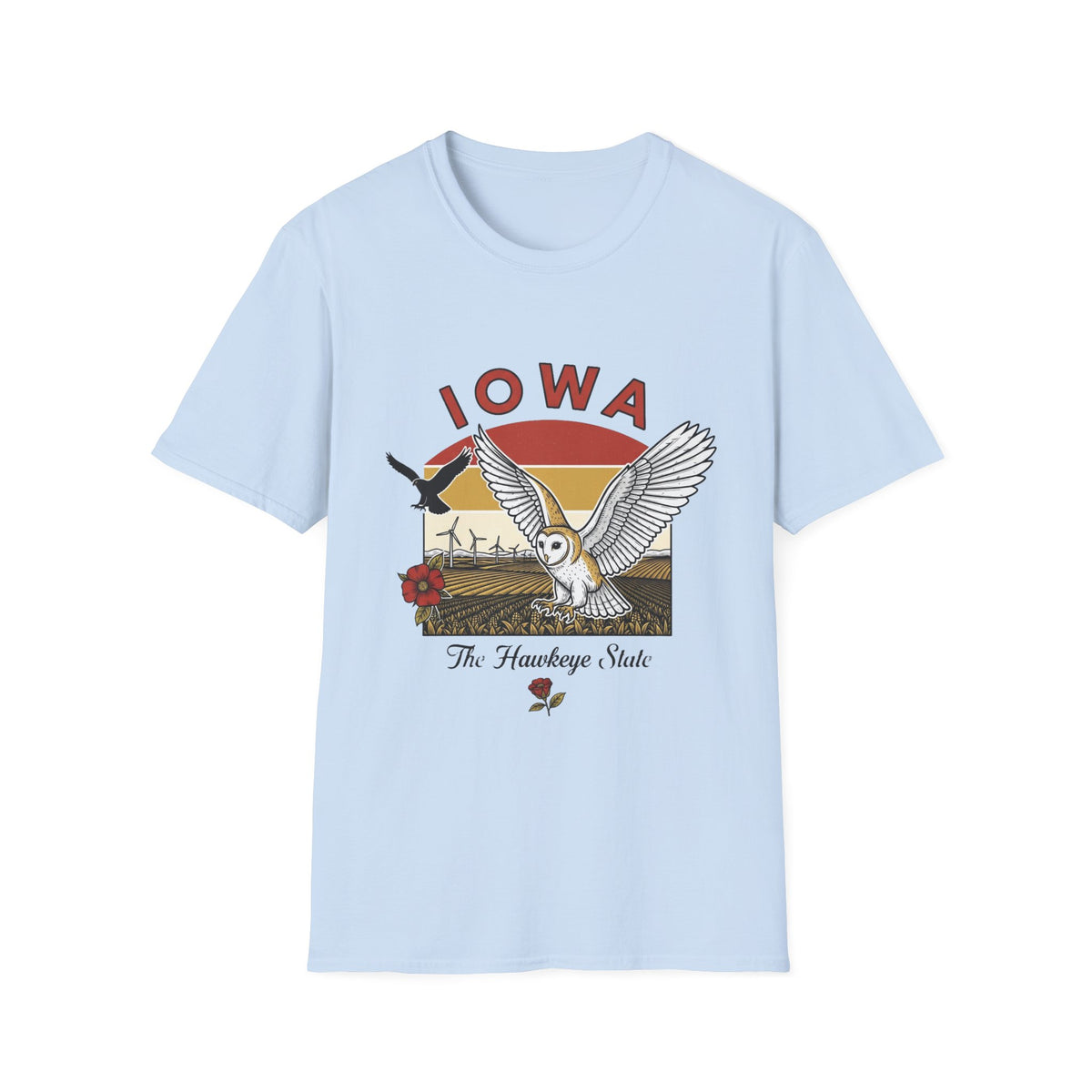 Iowa Barn Owl Tee — The Hawkeye State Vintage Sunset Tee Travel Tourist Graphic Design Unisex 100 Cotton Gildan T-Shirt