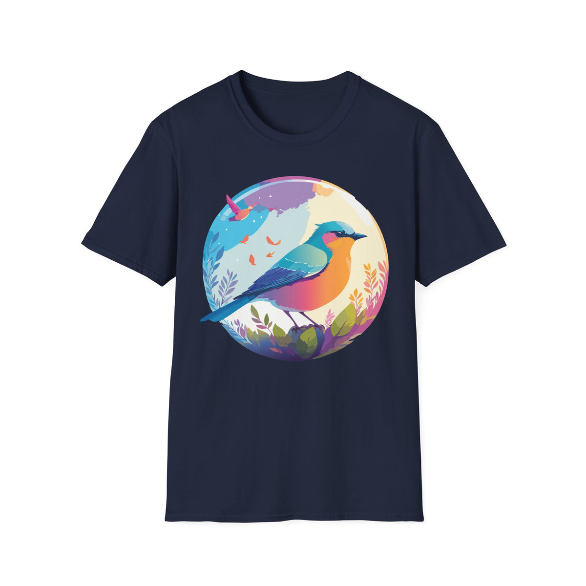 Colorful Bird Illustration T-Shirt | Rainbow Songbird Circle Art