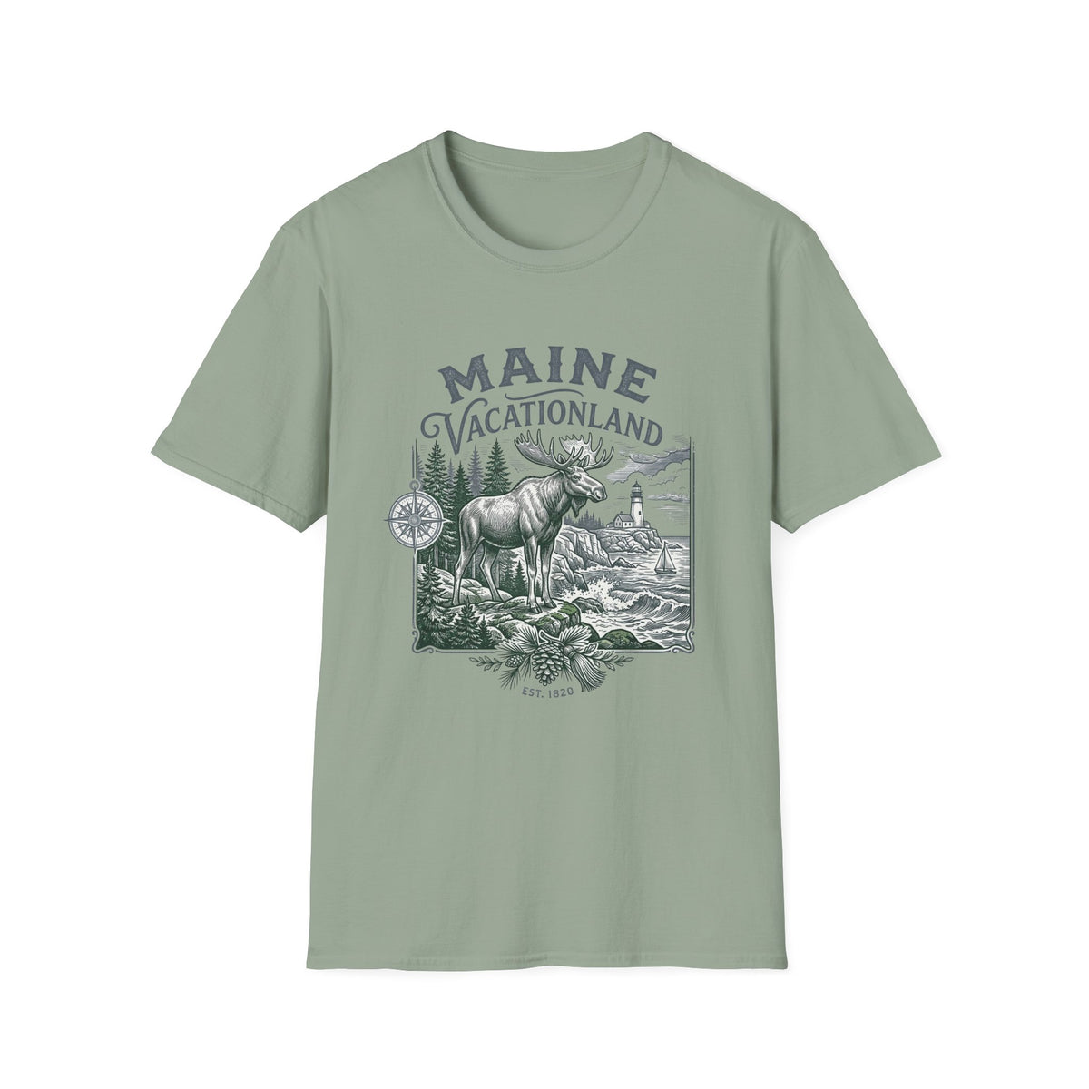 Maine Vacationland T-Shirt – Vintage Moose, Lighthouse State Travel Travel Tourist Graphic Design Unisex 100 Cotton Gildan T-Shirt