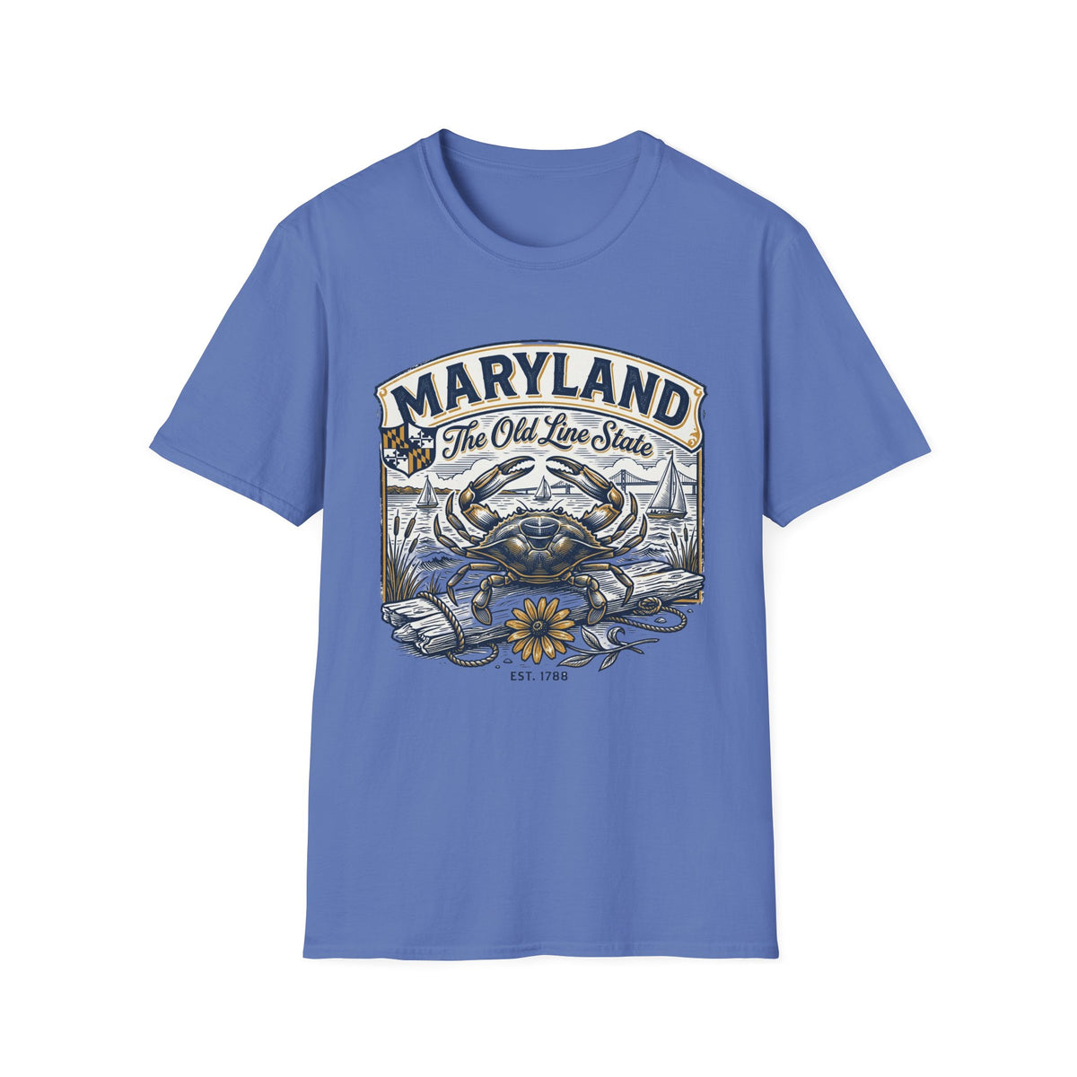 Maryland The Old Line State T-Shirt — Blue Crab Chesapeake Vintage Travel Tourist Graphic Design Unisex 100 Cotton Gildan T-Shirt