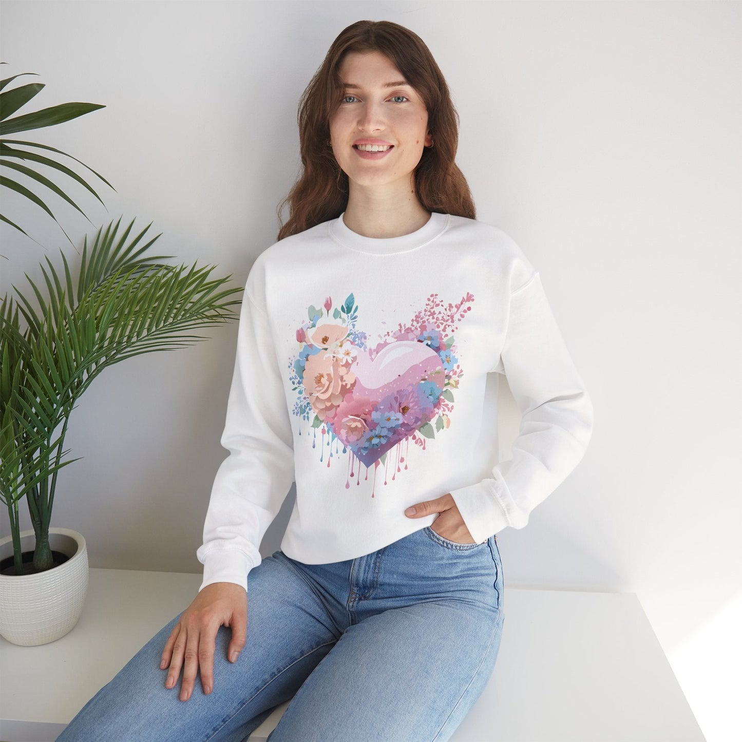 Floral Heart Sweatshirt Unisex Crewneck Valentines Day Floral Love Gildan 18000 Premium