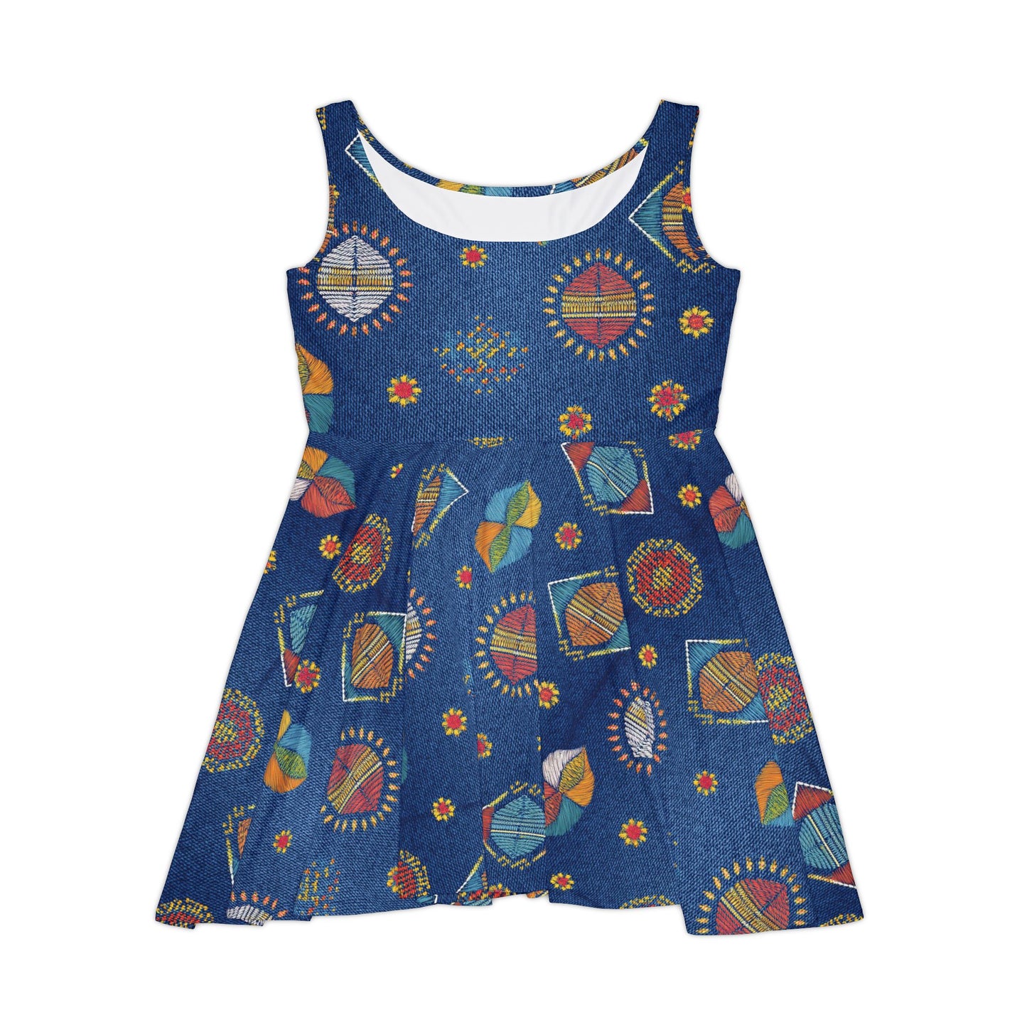 Women Denim Print Skater Dress, Denim Print Poly-Span Dress - 43