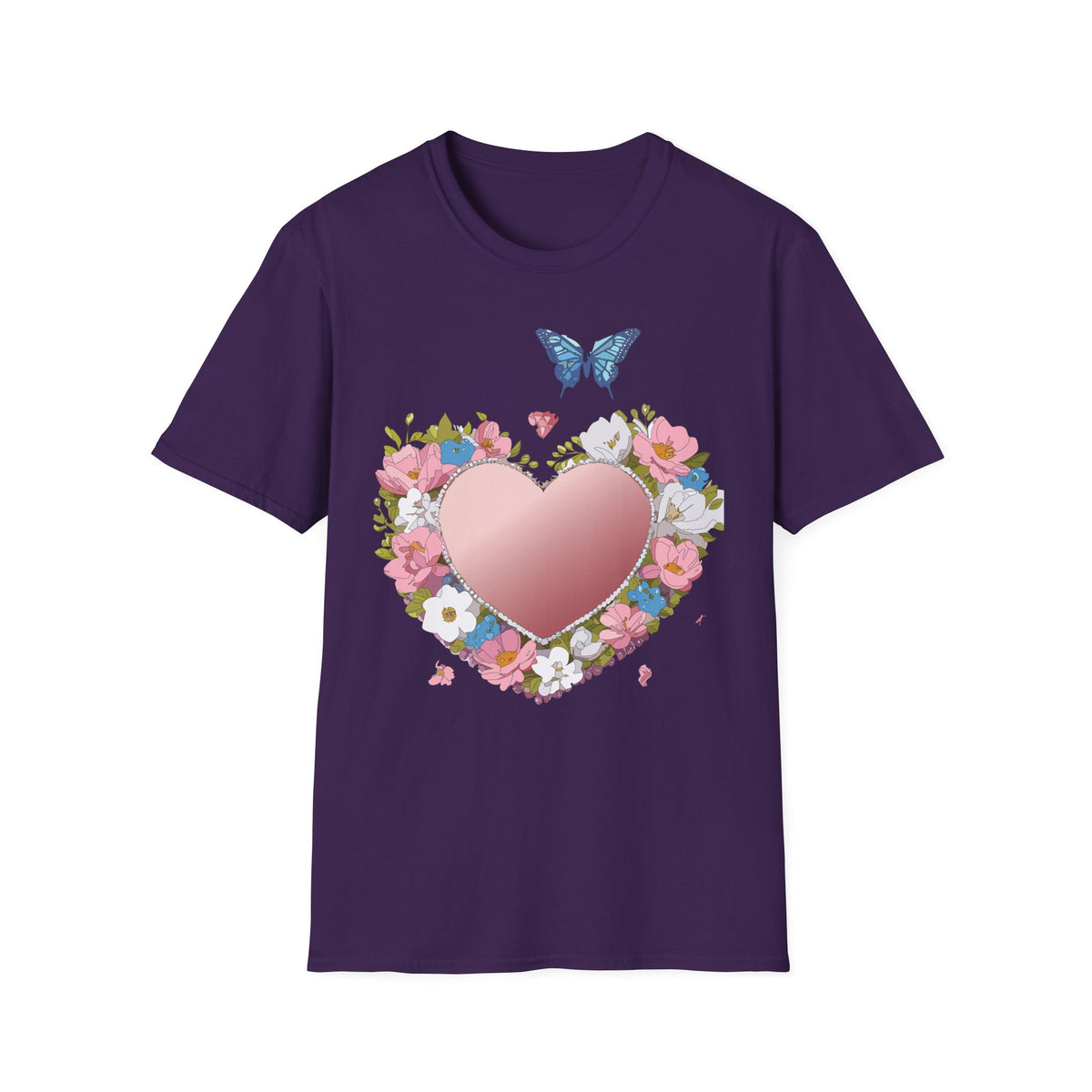 Floral Heart with Blue Butterfly T-Shirt | Pink Heart Floral Graphic Tee Unisex 100 Cotton Gildan T-Shirt