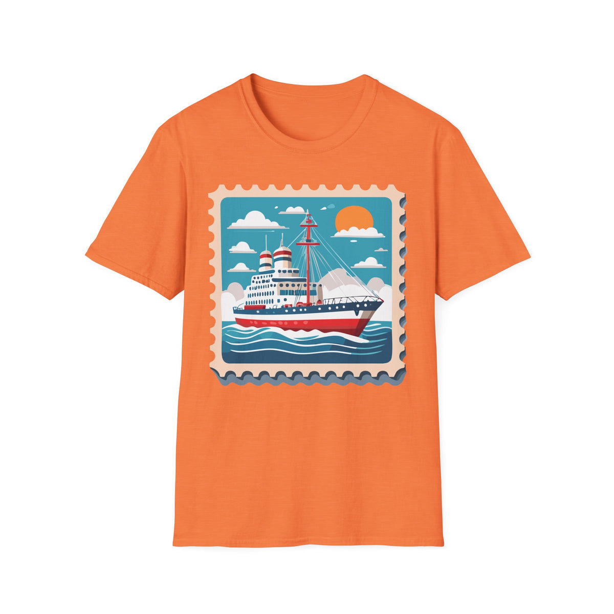 Vintage Cruise Ship Stamp T-Shirt | Nautical Ocean Sunset Design