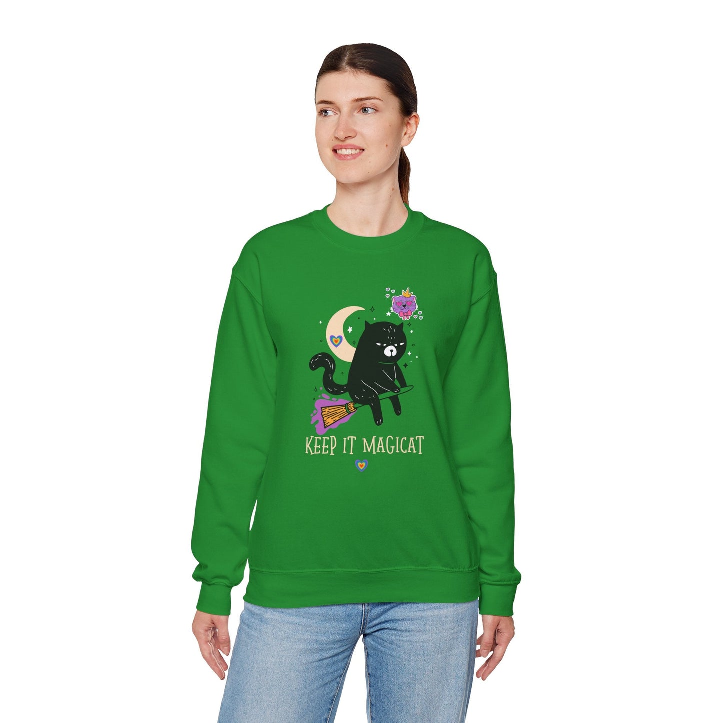 Flying Cat Heart Sweatshirt Unisex Fifty Fifty Cotton Poly Crewneck Gildan 18000 Valentines Day