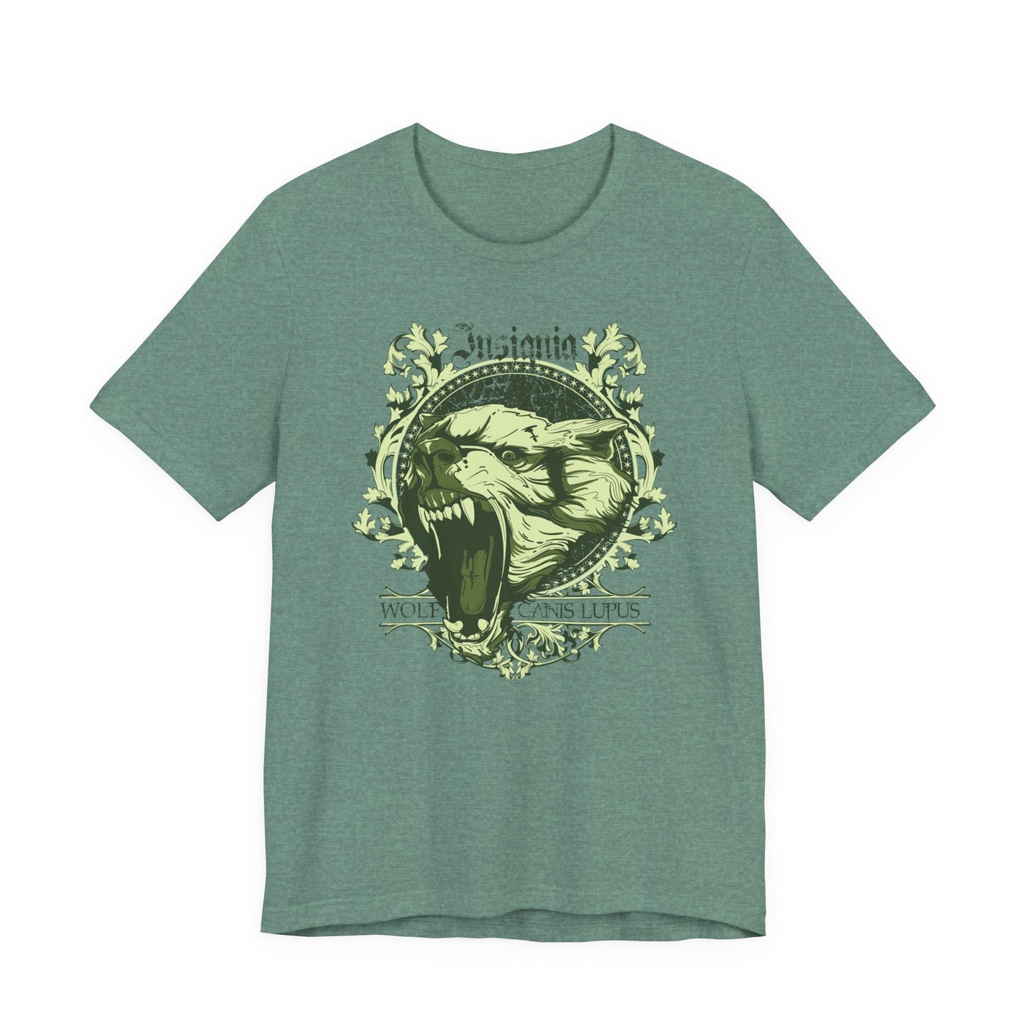 Howling Wolf Skull Tee Gothic Vintage Crest, Green Graphic Shirt Art-54