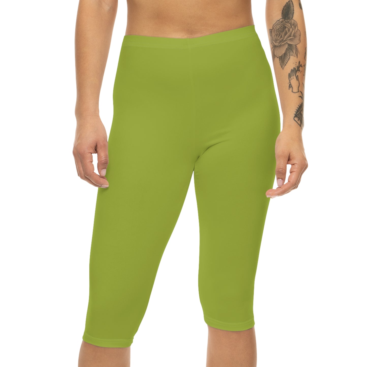Lime Green Color Women's Brushed Suede Poly Span Casual Capri Leggings XS-2XL
