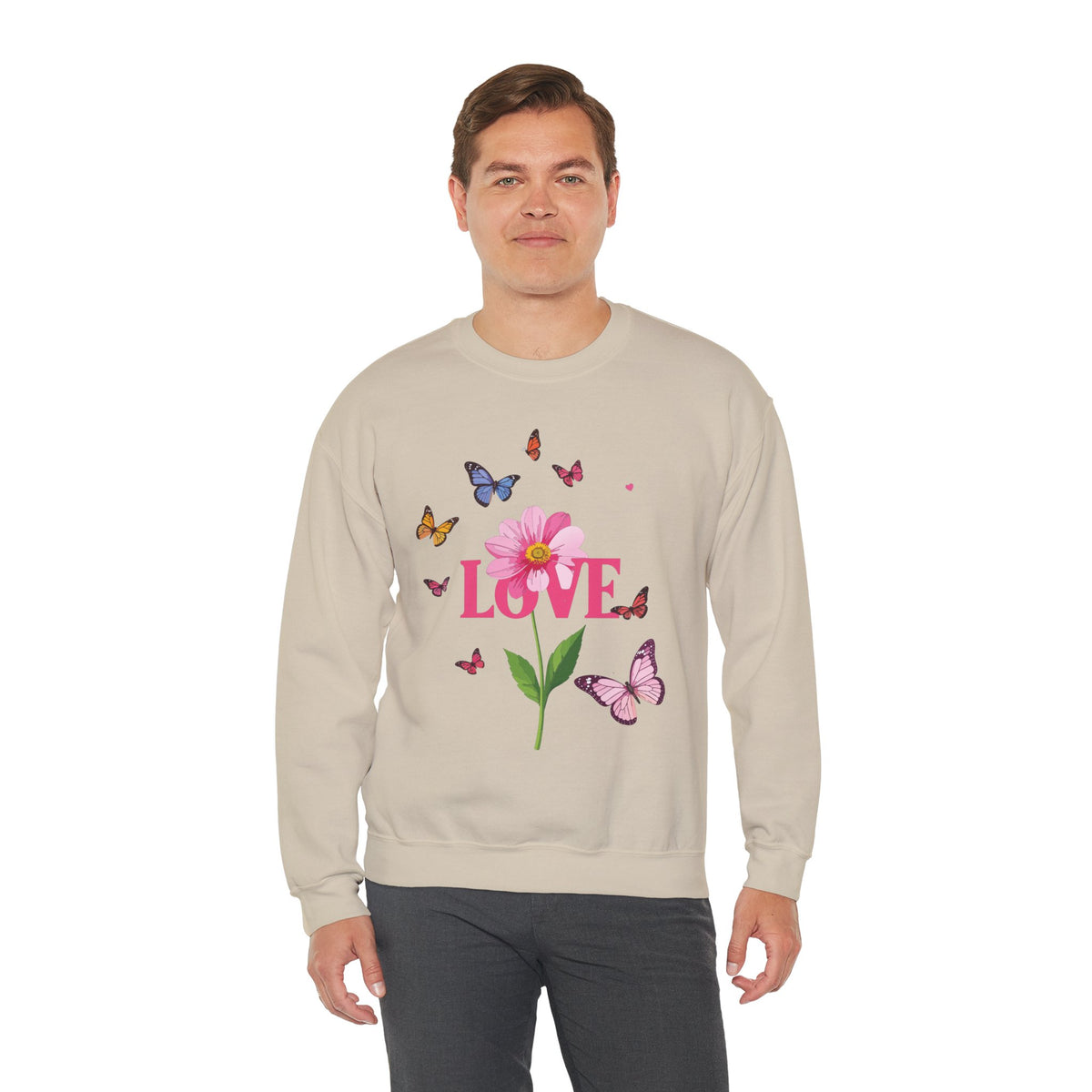 Unisex Floral Love Sweatshirt, Love Floral Sweatshirt, Floral Butterfly Sweatshirt, 50/50 Cotton-Poly Valentine's Day Sweatshirt 01