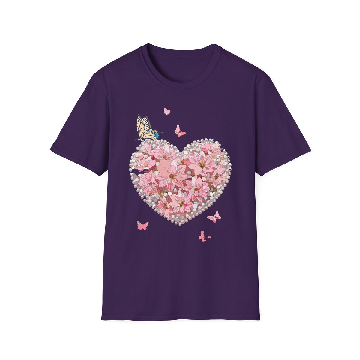 Pink Floral Heart with Butterfly T-Shirt | Spring Floral Graphic Tee Unisex 100 Cotton Gildan T-Shirt