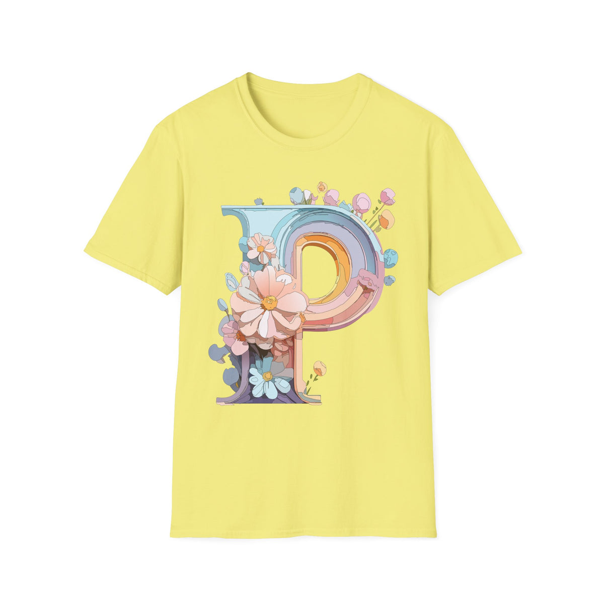 Floral Letter P T-Shirt | Pastel Rainbow Monogram Tee
