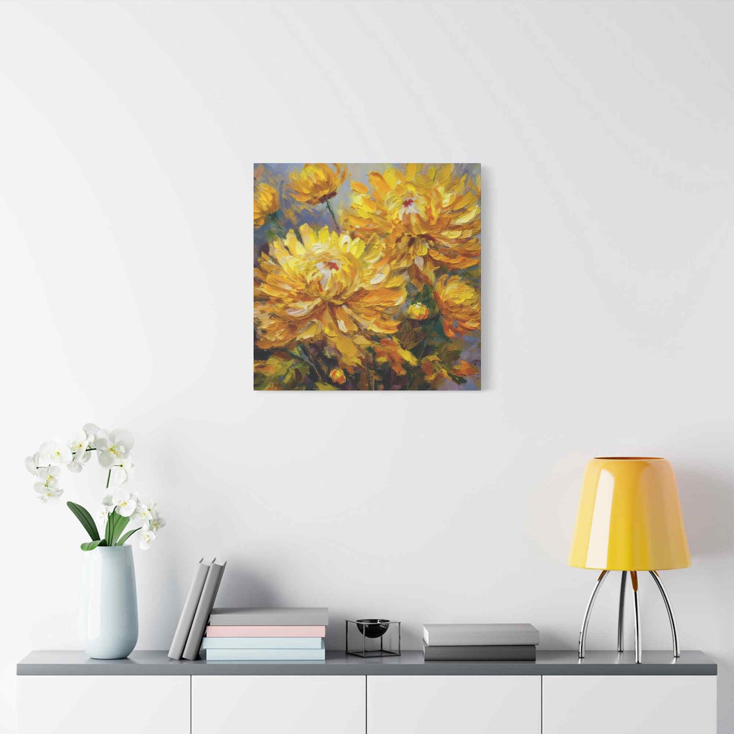 Chrysanthemums Print Canvas, Floral Oil Paint Print 20x20, 24x24, 30x30, 32x32, 36x36 Art Design Pine-Wood Inner Frame MC-164
