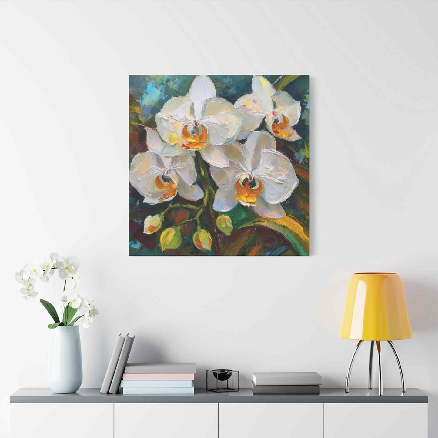 White Orchids Print Canvas, Floral Oil Paint Print 20x20, 24x24, 30x30, 32x32, 36x36 Art Design Pine-Wood Inner Frame MC-137