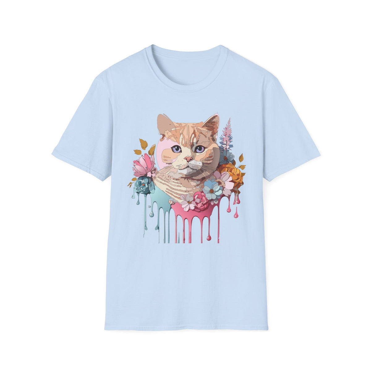 Floral Ginger Cat Portrait T-Shirt | Painted Cat Face with Flowers