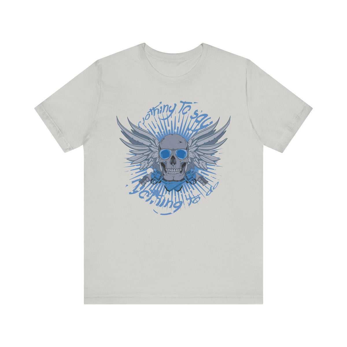 Winged Skull Graphic Tee Blue Skull with Wings Radiant Burst Unisex Cotton