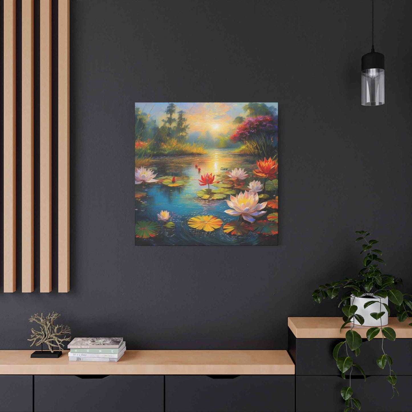 Water Lilies Print Canvas, Oil Paint Print 20x20, 24x24, 30x30, 32x32, 36x36 Floral Art Print Pine-Wood Inner Frame MC-67