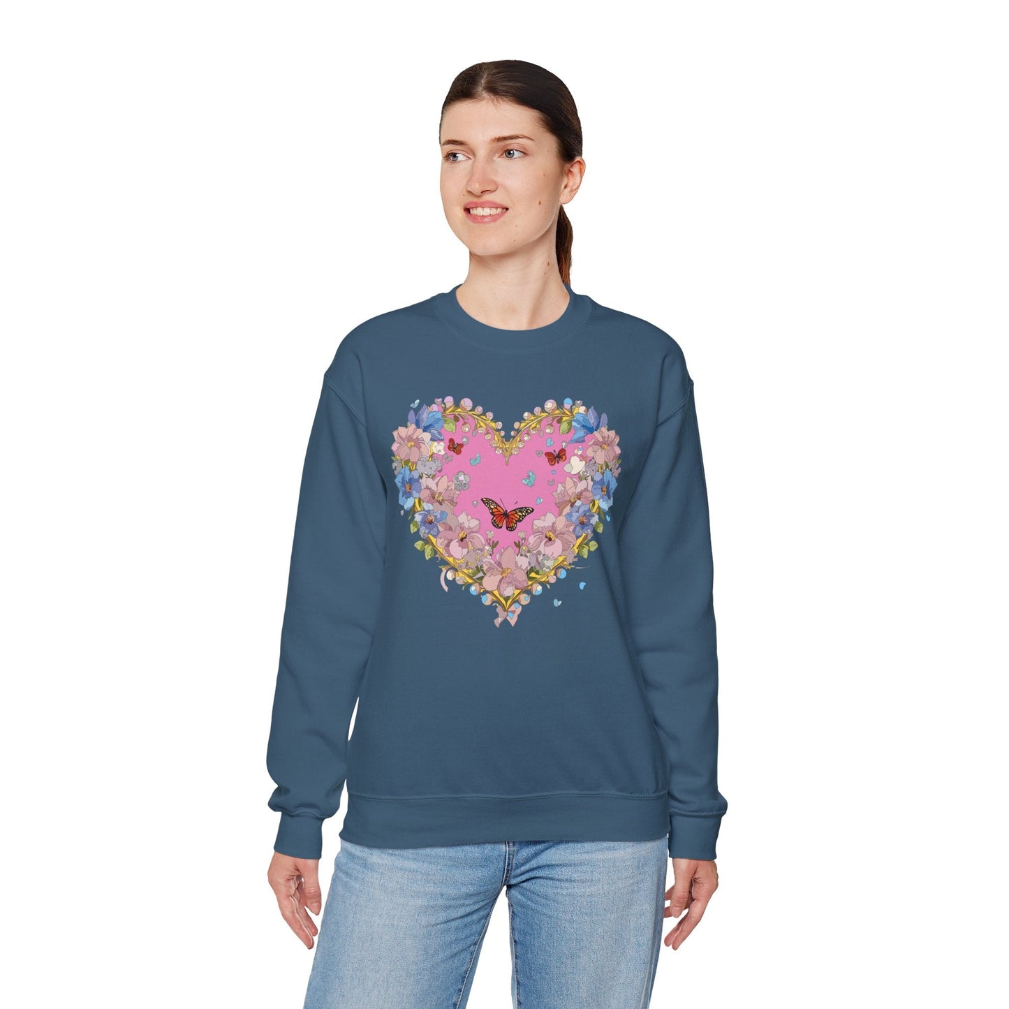 Floral Heart Sweatshirt Unisex Crewneck Gildan 18000 Fifty Fifty Cotton Polyester Valentine's Day