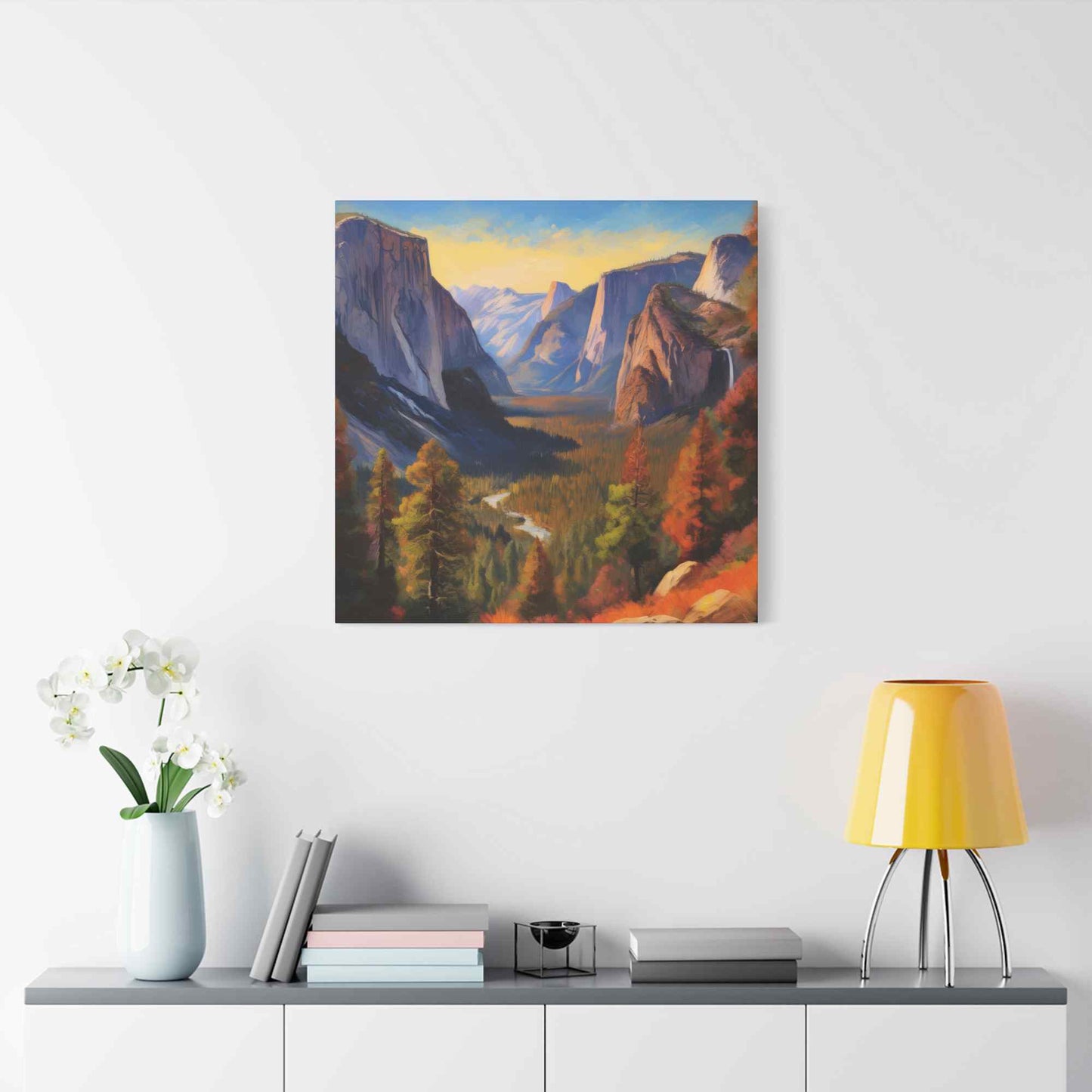 Yosemite Valley Print Canvas, Oil Paint Print 20x20, 24x24, 30x30, 32x32, 36x36 Art Design Print Pine-Wood Inner Frame MC-61