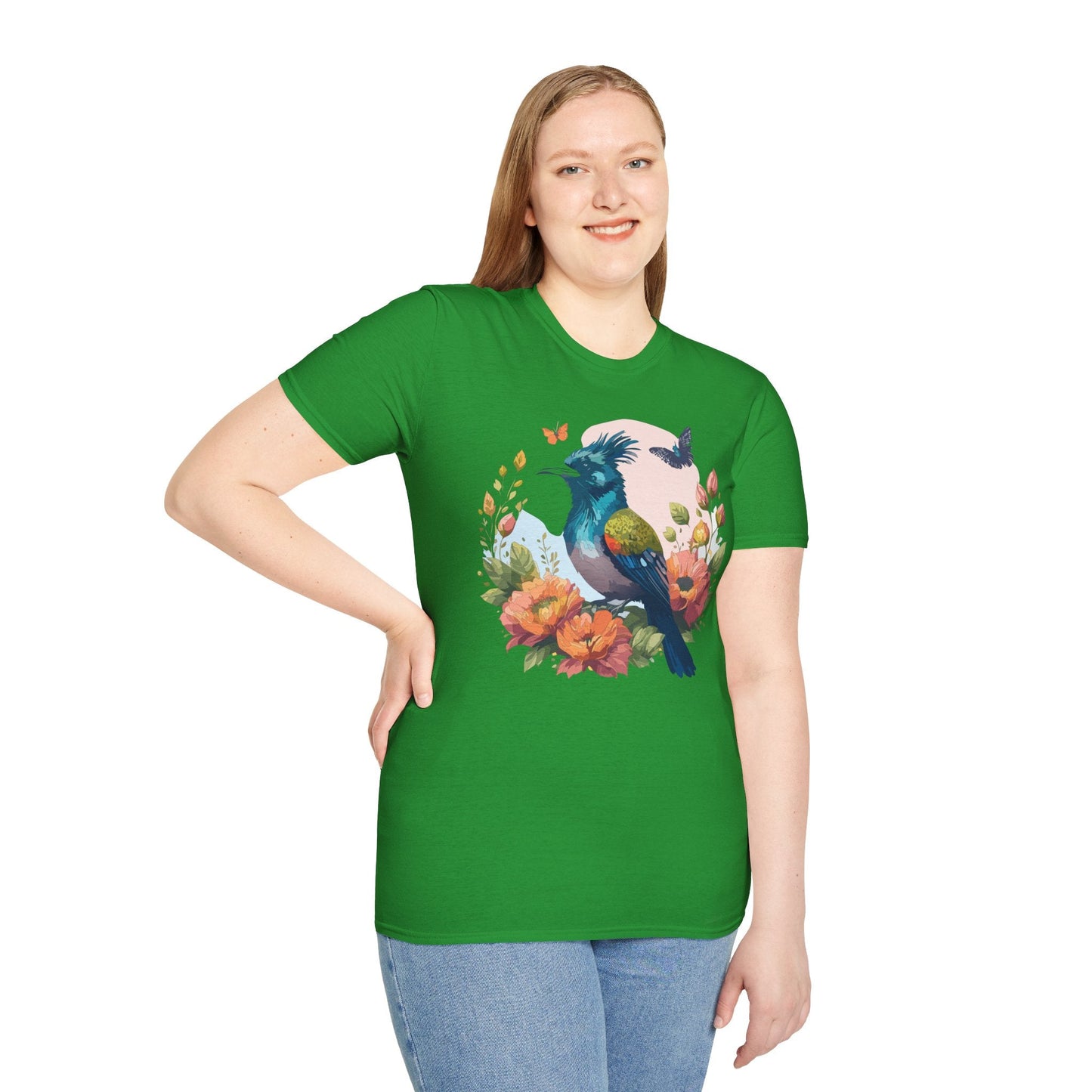 Floral Bird T Shirt Unisex Tee 100 Percent Ring Spun Cotton Softstyle Gildan 64000 Comfort Fit
