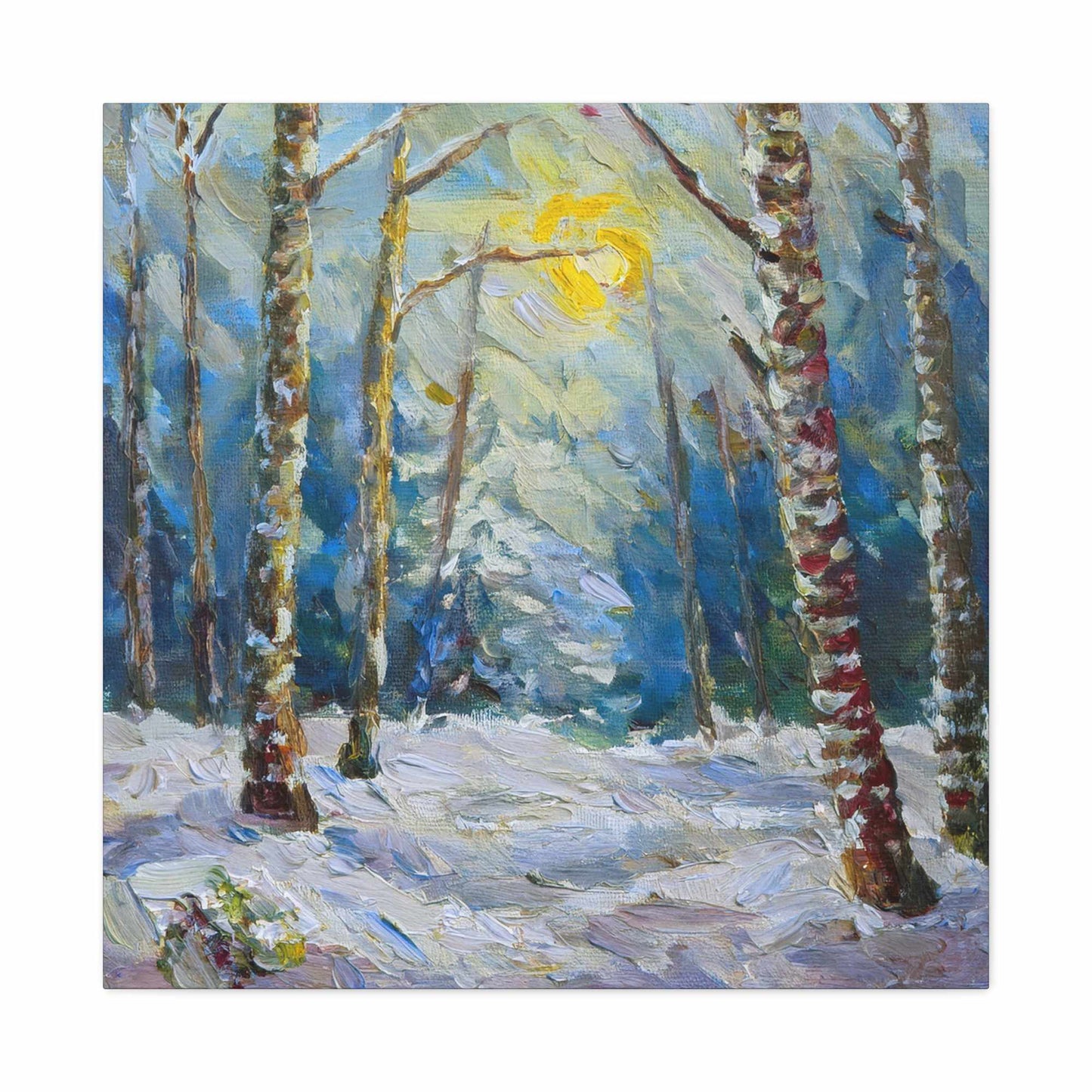 Snow Forest Print Canvas, Oil Paint Print 20x20, 24x24, 30x30, 32x32, 36x36 Art Design Print Pine-Wood Inner Frame MC-79