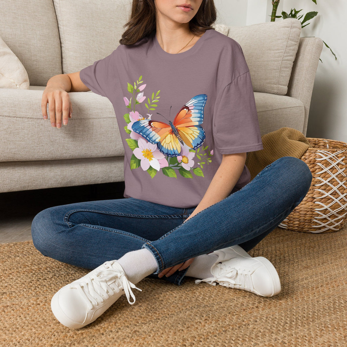 Butterfly Floral T-Shirt — Watercolor Orange & Blue Butterfly on Blossoms Graphic Design Unisex 100 Cotton Gildan T-Shirt