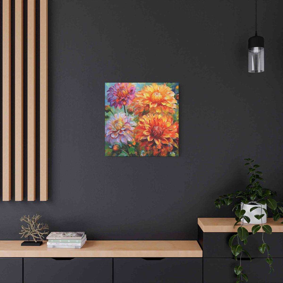Dahlias Floral Print Canvas, Floral Oil Paint Print 20x20, 24x24, 30x30, 32x32, 36x36 Art Design Pine-Wood Inner Frame MC-166
