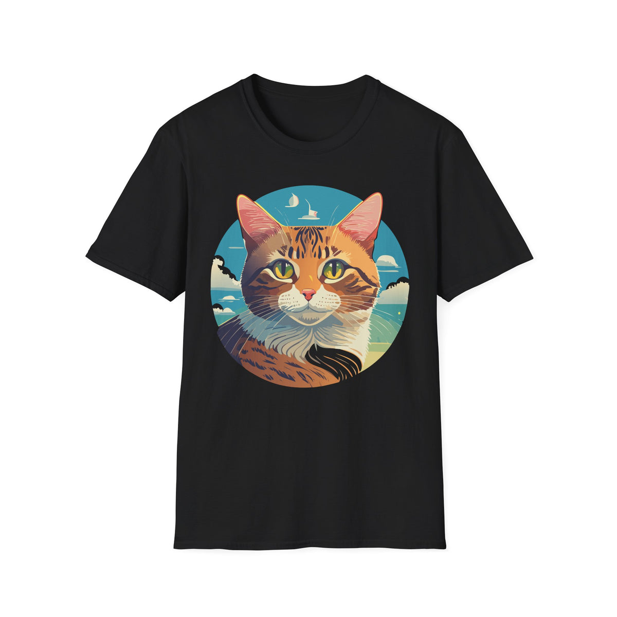 Sunset Tabby Cat T-Shirt | Cat Portrait Tee, Beach Sky Illustration
