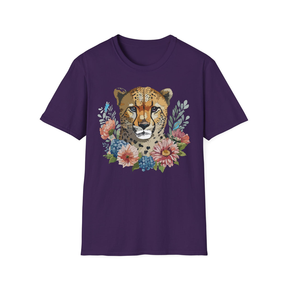 Floral Cheetah Face T-Shirt | Wild Cat Illustration, Botanical Accent