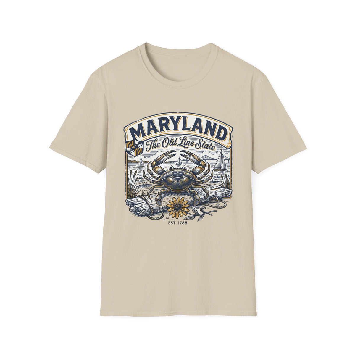 Maryland The Old Line State T-Shirt — Blue Crab Chesapeake Vintage Travel Tourist Graphic Design Unisex 100 Cotton Gildan T-Shirt