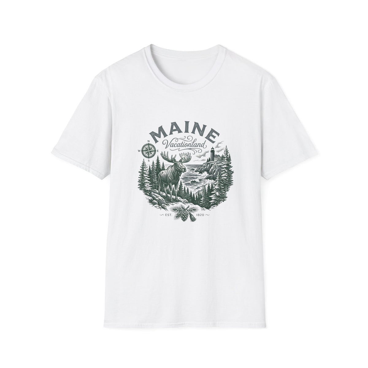 Maine Wilderness Moose Graphic T-Shirt — Vintage State Nature Travel Tourist Graphic Design Unisex 100 Cotton Gildan T-Shirt