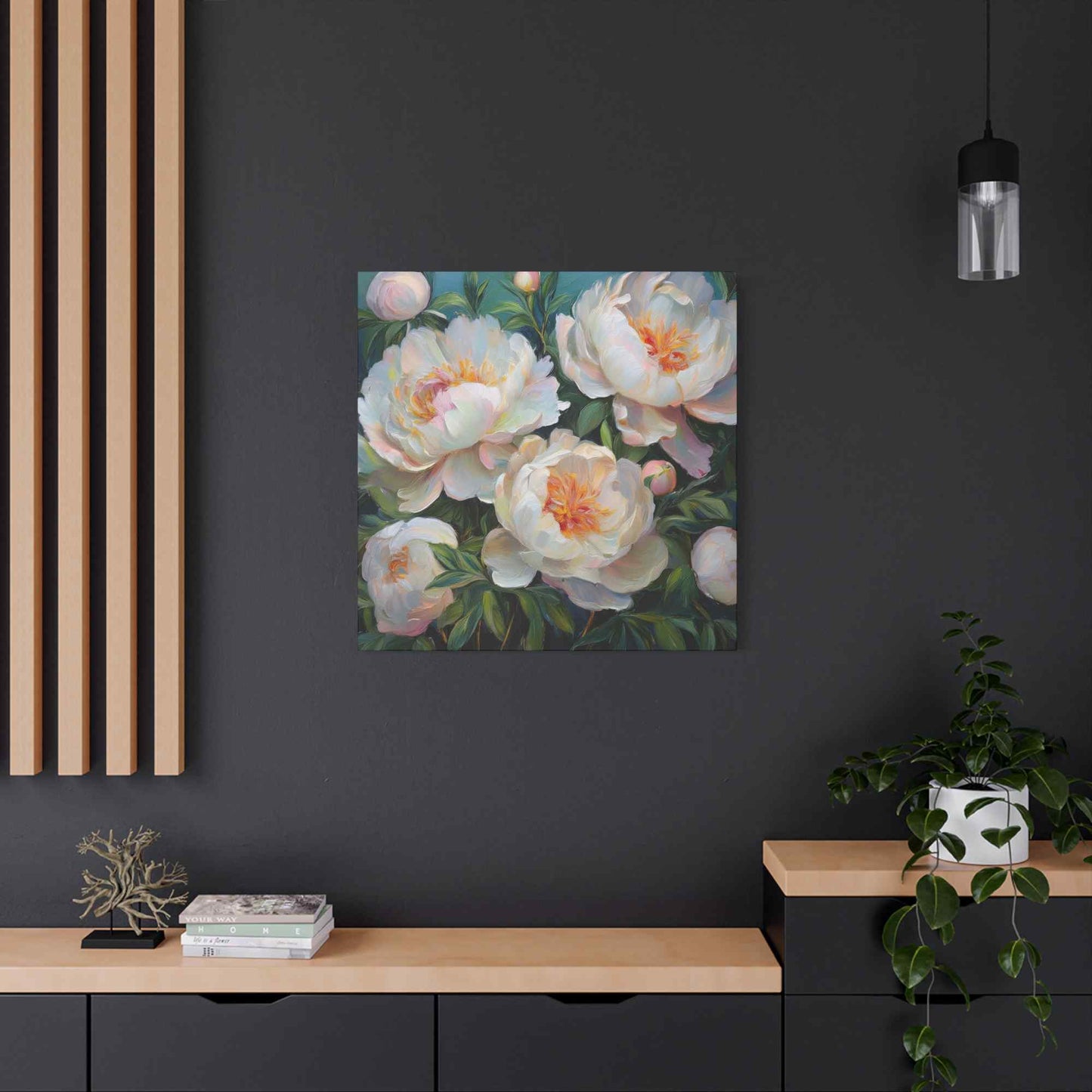 White Peonies Print Canvas, Floral Oil Paint Print 20x20, 24x24, 30x30, 32x32, 36x36 Art Design Pine-Wood Inner Frame MC-123
