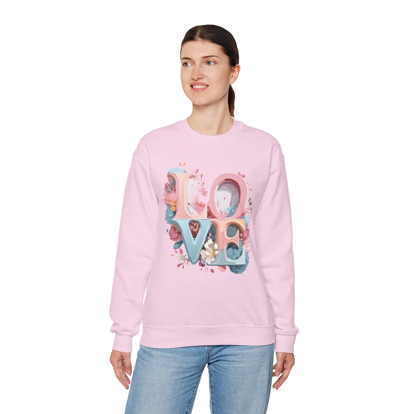 Floral Love Sweatshirt Unisex Crewneck Valentine Day Gift Gildan 18000 Fifty Fifty Cotton Blend