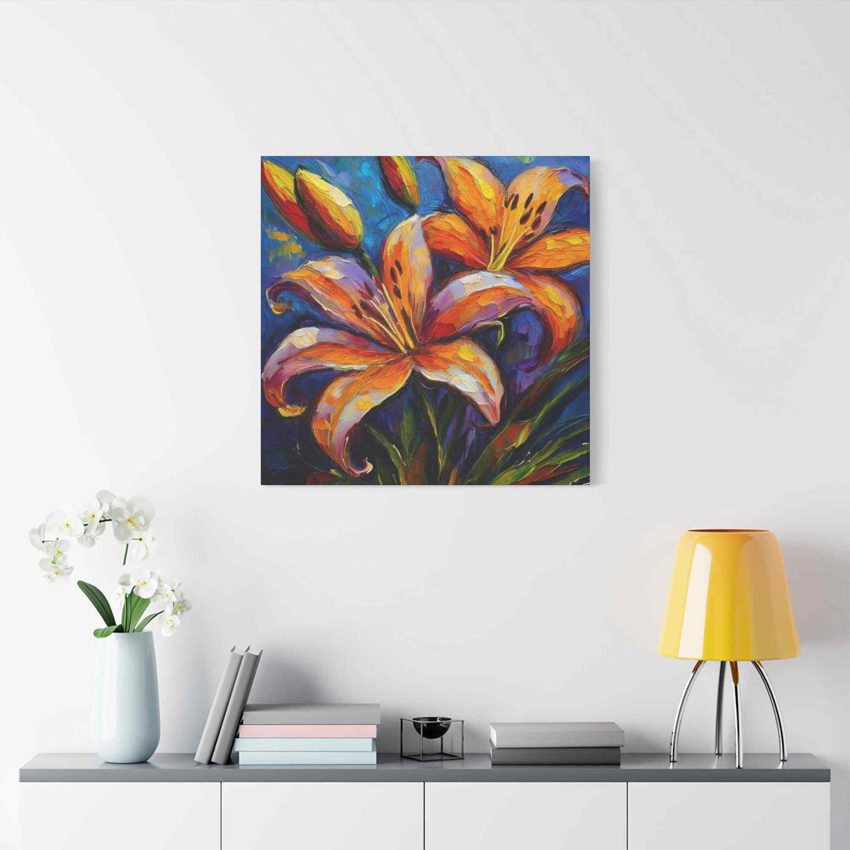 Gold Lilies Print Canvas, Floral Oil Paint Print 20x20, 24x24, 30x30, 32x32, 36x36 Art Design Pine-Wood Inner Frame MC-151