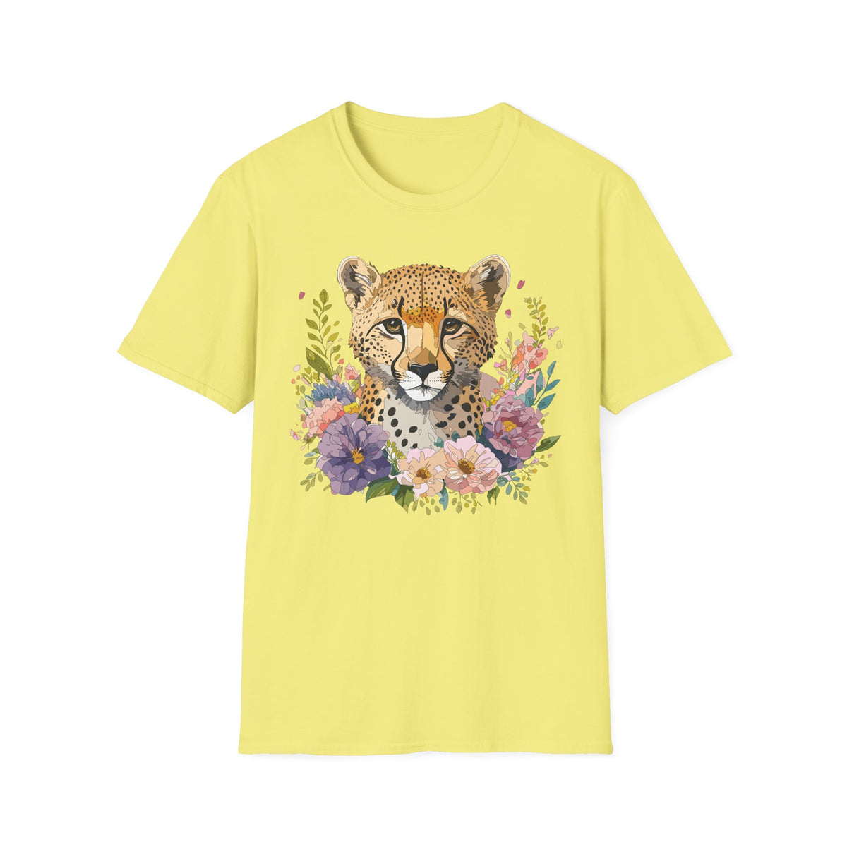 Floral Cheetah Face T-Shirt | Leopard Portrait Tee, Botanical Illustration
