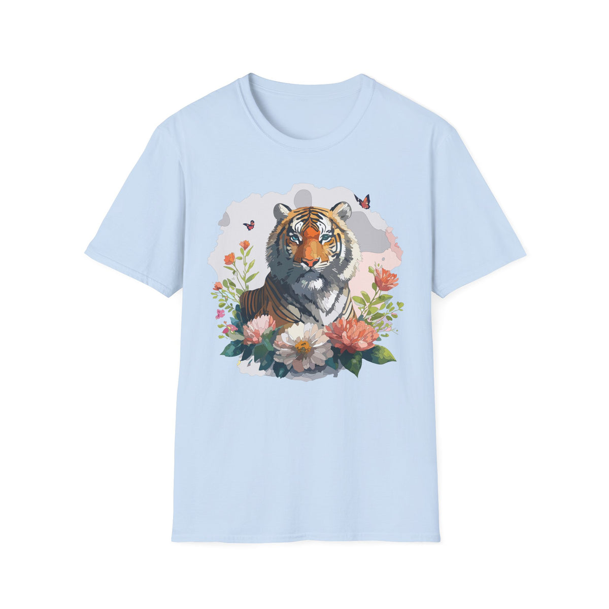 Floral Tiger Illustration T-Shirt | Tiger Portrait Tee, Butterfly Accents