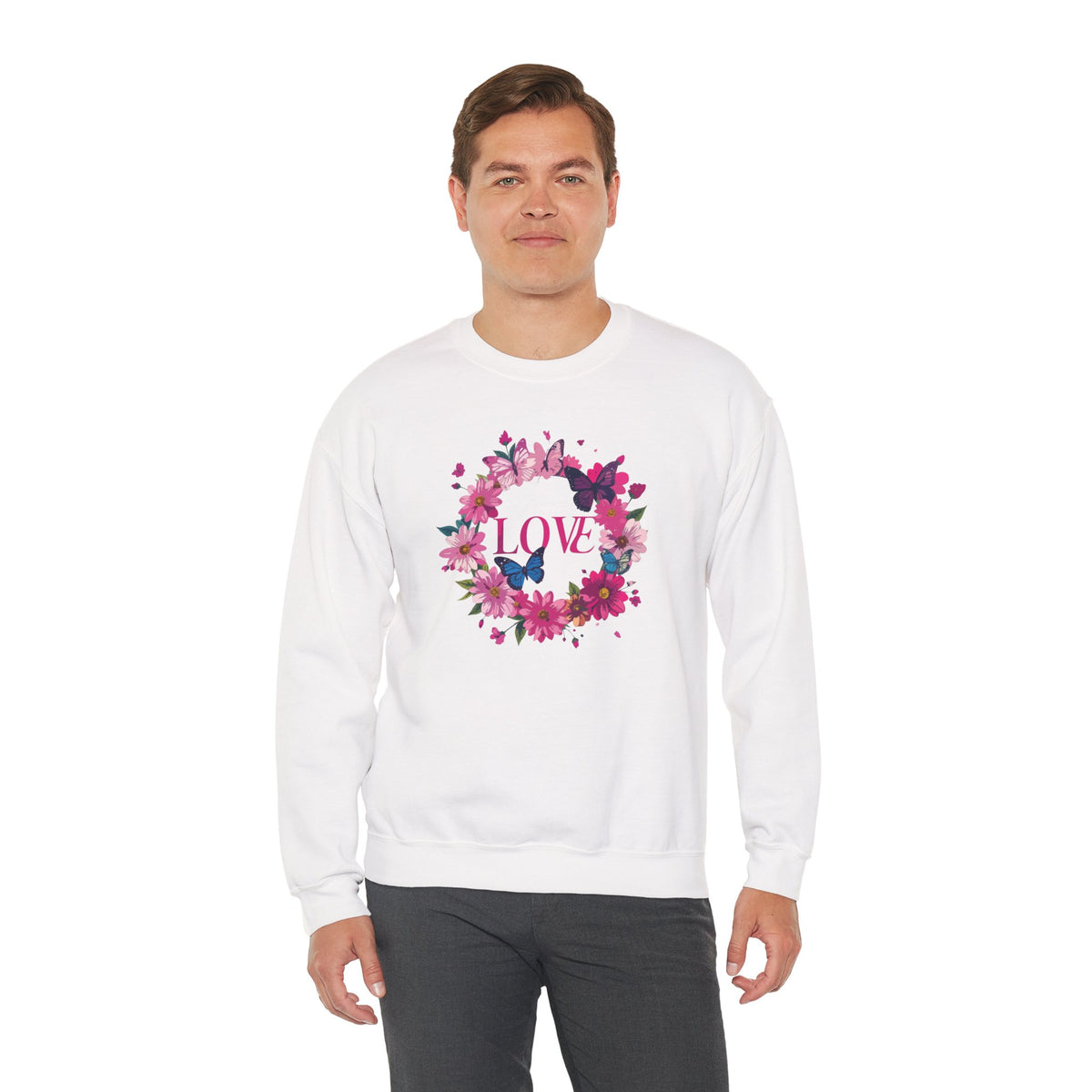 Unisex Floral Love Sweatshirt, Love Floral Sweatshirt, Floral Butterfly Sweatshirt, 50/50 Cotton-Poly Valentine's Day Sweatshirt 04