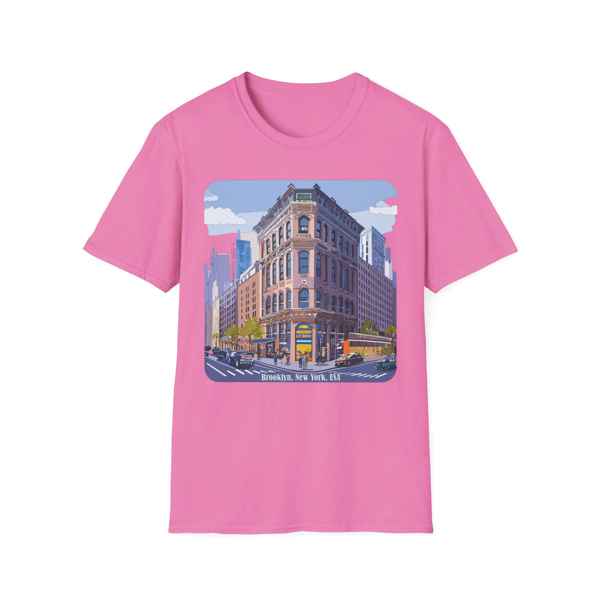 Brooklyn New York Retro Cityscape T-Shirt — Illustrated Landmark Tee Travel Tourist Graphic Design Unisex 100 Cotton Gildan T-Shirt