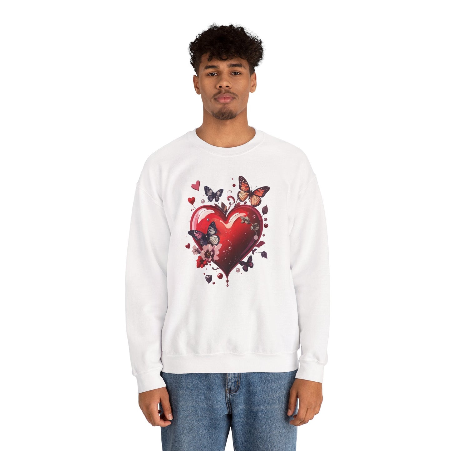 Unisex Heavy Blend Crewneck Sweatshirt Red Heart Floral Design Valentines Day Gift