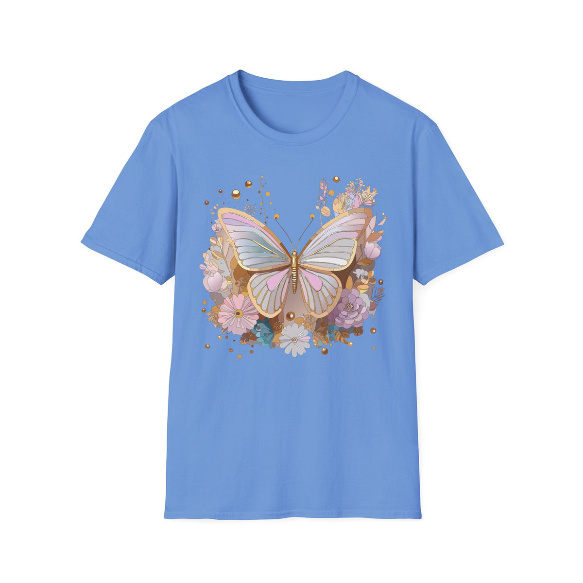 Pastel Butterfly Floral T-Shirt — Gold Accent Butterfly Graphic Design Unisex 100 Cotton Gildan T-Shirt