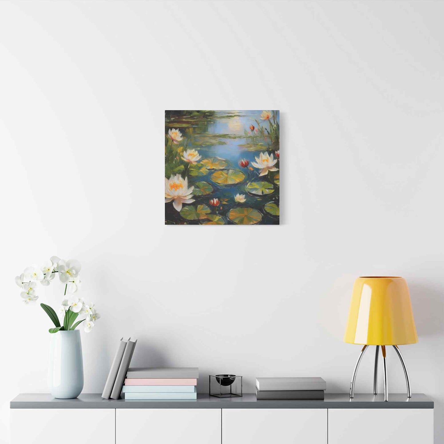 Water Lilies Print Canvas, Oil Paint Print 20x20, 24x24, 30x30, 32x32, 36x36 Floral Art Print Pine-Wood Inner Frame MC-64