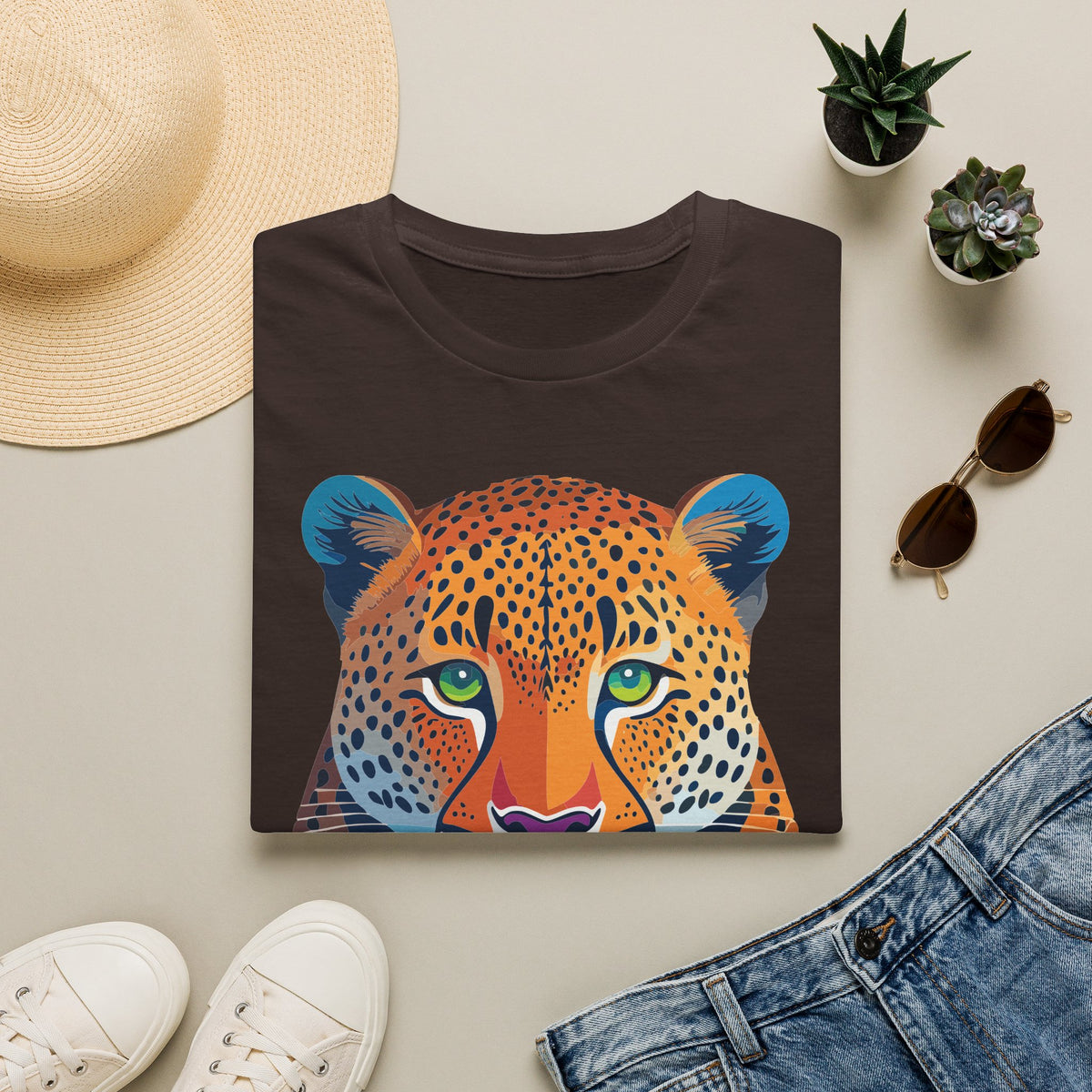 Colorful Leopard Face T-Shirt | Vibrant Big Cat Illustration