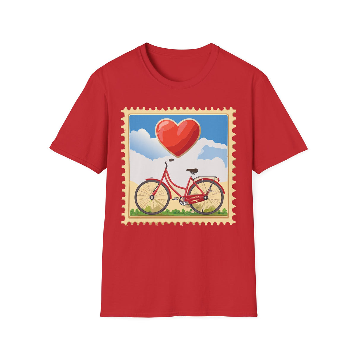 Heart Balloon Bicycle T-Shirt | Retro Stamp Illustration