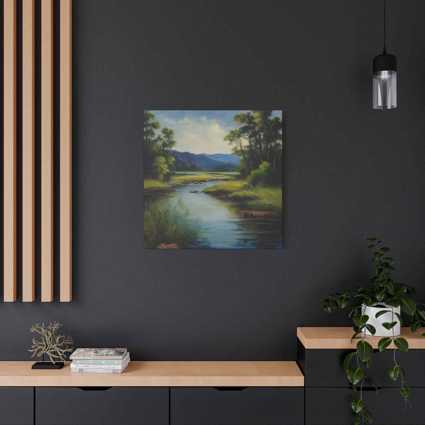 River Print Canvas, Landscape Oil Paint Print 20x20, 24x24, 30x30, 32x32, 36x36 Art Design Print Pine-Wood Inner Frame MC-54