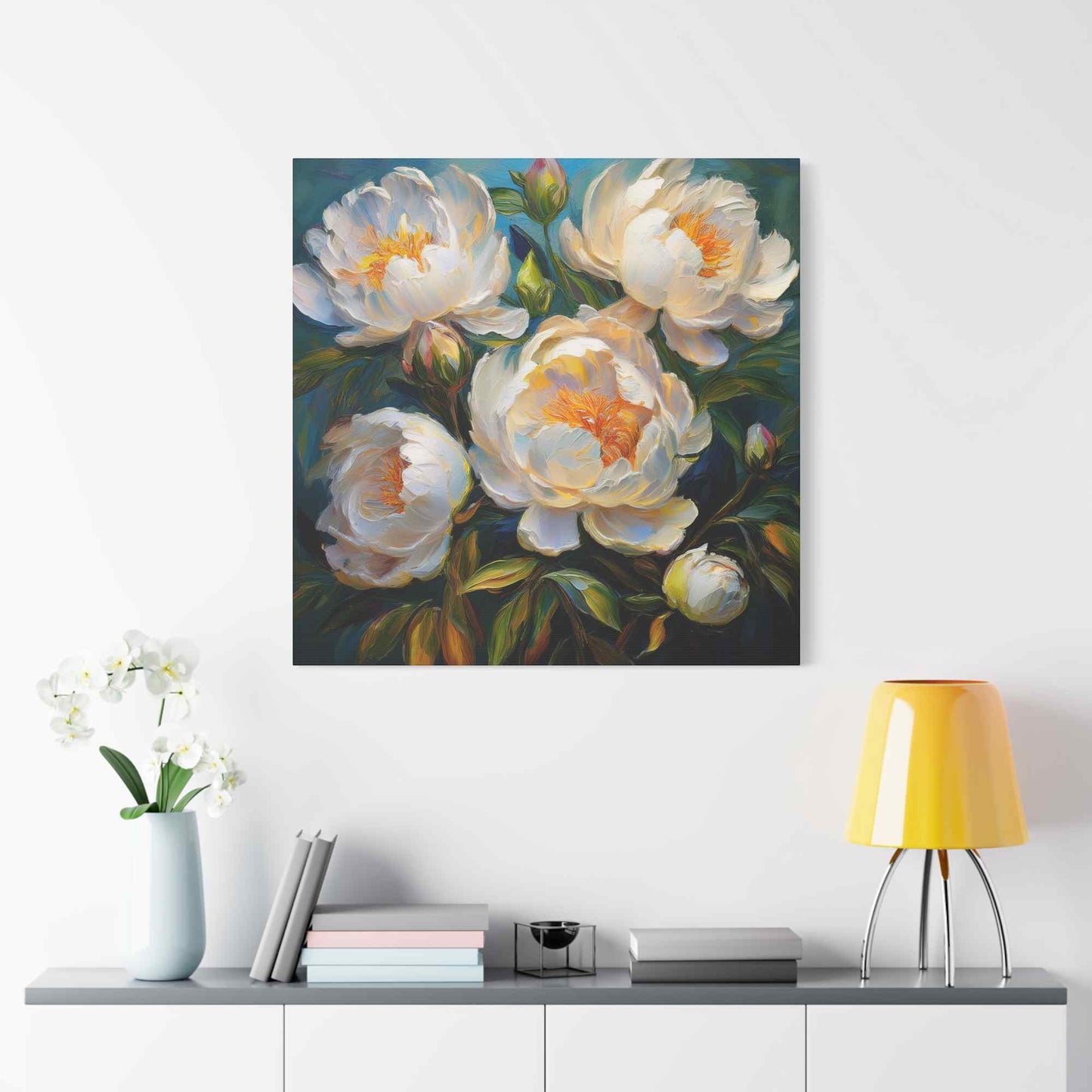 White Peonies Print Canvas, Floral Oil Paint Print 20x20, 24x24, 30x30, 32x32, 36x36 Art Design Pine-Wood Inner Frame MC-118